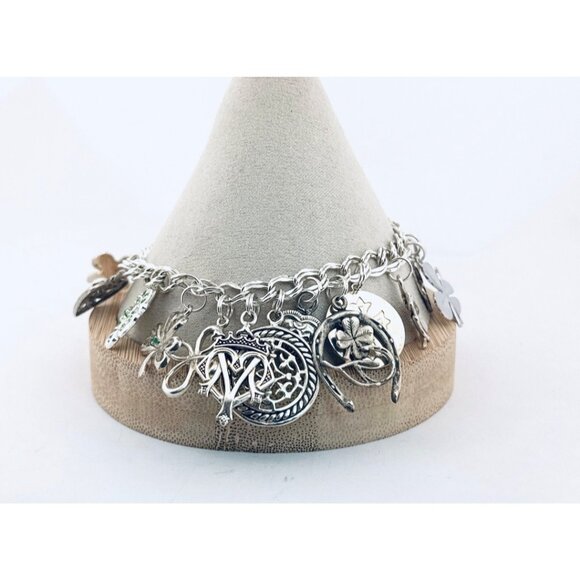Designer Jewelry - Estate Lucky Charm Bracelet 8.25” 925 Sterling Silver Irish Heart Clover Charms